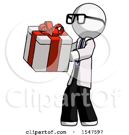 White Doctor Scientist Man Presenting a Present with Large Red Bow on It by Leo Blanchette