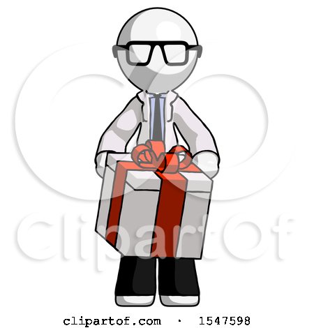 White Doctor Scientist Man Gifting Present with Large Bow Front View by Leo Blanchette