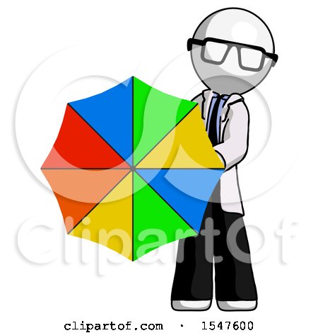 White Doctor Scientist Man Holding Rainbow Umbrella out to Viewer by Leo Blanchette