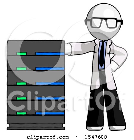 White Doctor Scientist Man with Server Rack Leaning Confidently Against It by Leo Blanchette