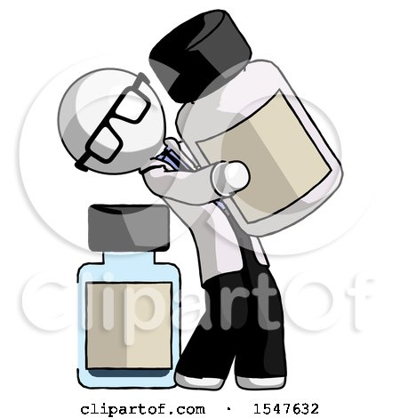 White Doctor Scientist Man Holding Large White Medicine Bottle with Bottle in Background by Leo Blanchette