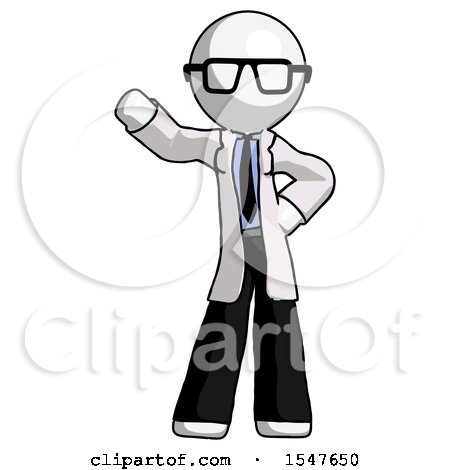 White Doctor Scientist Man Waving Right Arm with Hand on Hip by Leo Blanchette