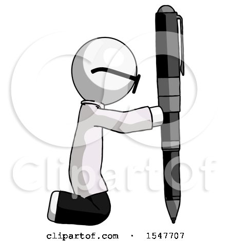 White Doctor Scientist Man Posing with Giant Pen in Powerful yet Awkward Manner. by Leo Blanchette