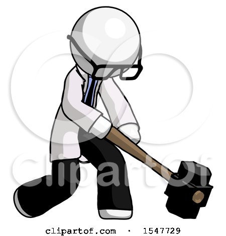 White Doctor Scientist Man Hitting with Sledgehammer, or Smashing Something at Angle by Leo Blanchette
