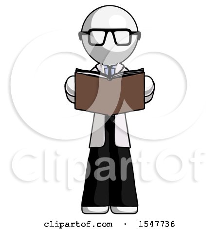 White Doctor Scientist Man Reading Book While Standing up Facing Viewer by Leo Blanchette