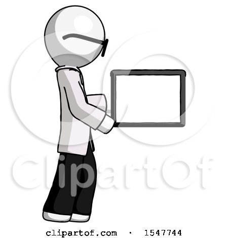 White Doctor Scientist Man Show Tablet Device Computer to Viewer, Blank Area by Leo Blanchette