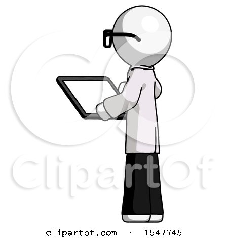 White Doctor Scientist Man Looking at Tablet Device Computer with Back to Viewer by Leo Blanchette
