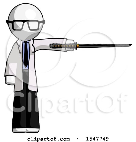 White Doctor Scientist Man Standing with Ninja Sword Katana Pointing Right by Leo Blanchette