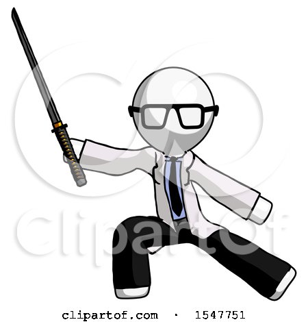 White Doctor Scientist Man with Ninja Sword Katana in Defense Pose by Leo Blanchette