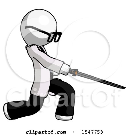 White Doctor Scientist Man with Ninja Sword Katana Slicing or Striking Something by Leo Blanchette