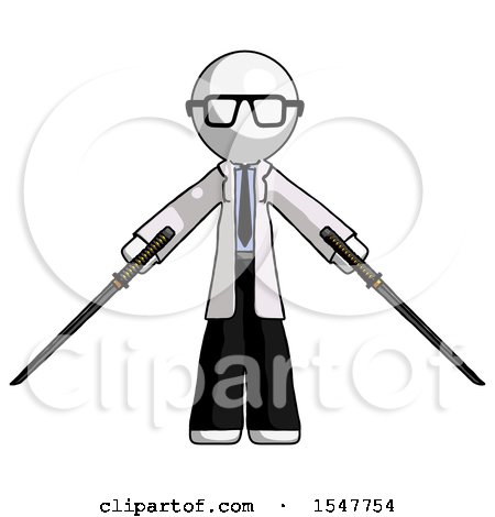 White Doctor Scientist Man Posing with Two Ninja Sword Katanas by Leo Blanchette