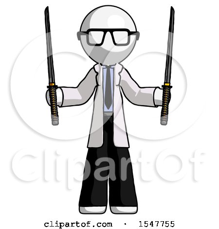 White Doctor Scientist Man Posing with Two Ninja Sword Katanas up by Leo Blanchette