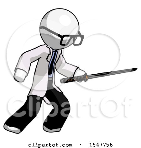 White Doctor Scientist Man Stabbing with Ninja Sword Katana by Leo Blanchette