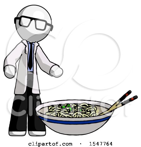 White Doctor Scientist Man and Noodle Bowl, Giant Soup Restaraunt Concept by Leo Blanchette