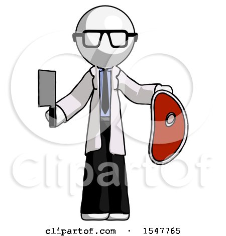 White Doctor Scientist Man Holding Large Steak with Butcher Knife by Leo Blanchette