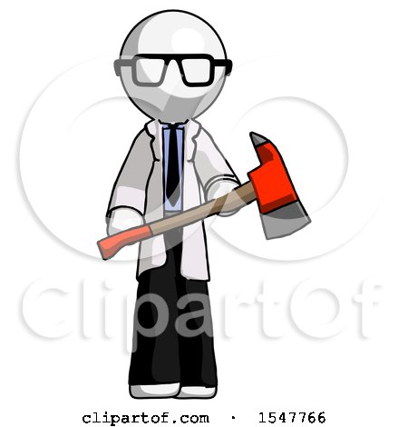 White Doctor Scientist Man Holding Red Fire Fighter's Ax by Leo Blanchette
