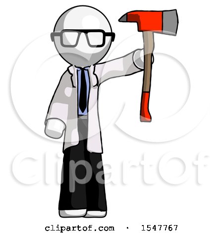 White Doctor Scientist Man Holding up Red Firefighter's Ax by Leo Blanchette