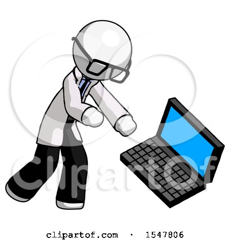 White Doctor Scientist Man Throwing Laptop Computer in Frustration by Leo Blanchette
