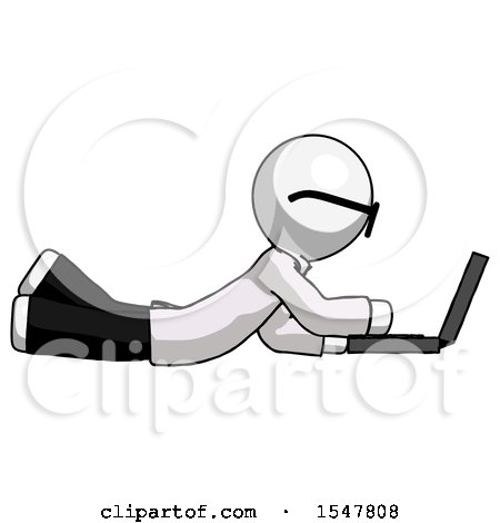 White Doctor Scientist Man Using Laptop Computer While Lying on Floor Side View by Leo Blanchette