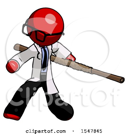 Red Doctor Scientist Man Bo Staff Action Hero Kung Fu Pose by Leo Blanchette