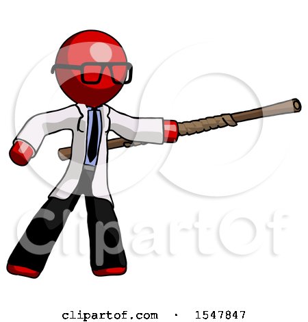 Red Doctor Scientist Man Bo Staff Pointing Right Kung Fu Pose by Leo Blanchette