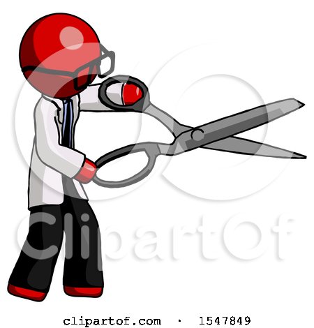 Red Doctor Scientist Man Holding Giant Scissors Cutting out Something by Leo Blanchette