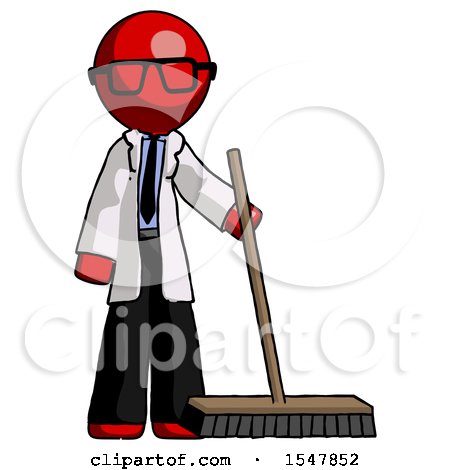 Red Doctor Scientist Man Standing with Industrial Broom by Leo Blanchette