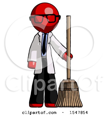 Red Doctor Scientist Man Standing with Broom Cleaning Services by Leo Blanchette