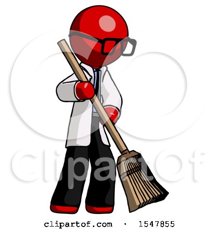 Red Doctor Scientist Man Sweeping Area with Broom by Leo Blanchette