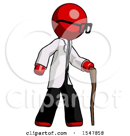 Red Doctor Scientist Man Walking with Hiking Stick by Leo Blanchette