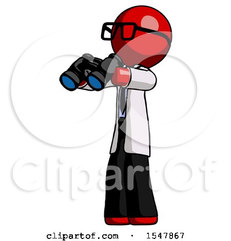Red Doctor Scientist Man Holding Binoculars Ready to Look Left by Leo Blanchette