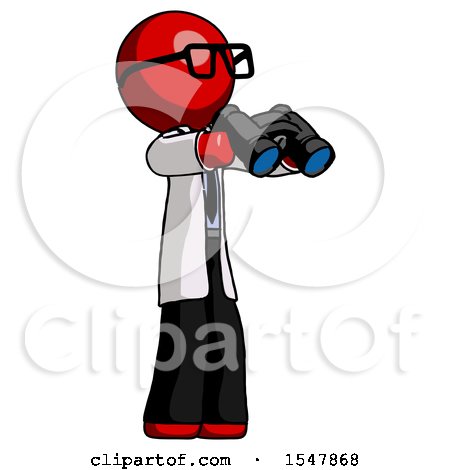 Red Doctor Scientist Man Holding Binoculars Ready to Look Right by Leo Blanchette