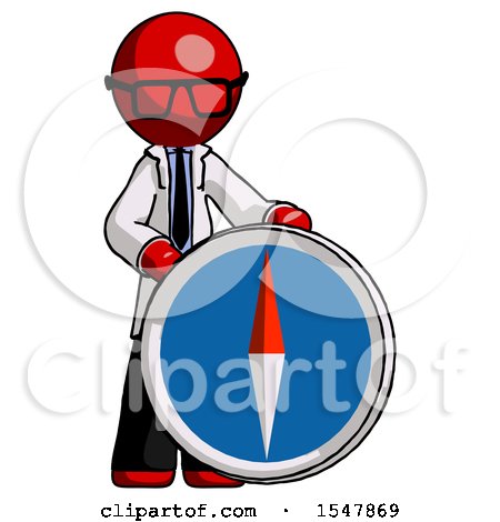 Red Doctor Scientist Man Standing Beside Large Compass by Leo Blanchette