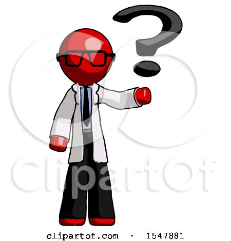 Red Doctor Scientist Man Holding Question Mark to Right by Leo Blanchette