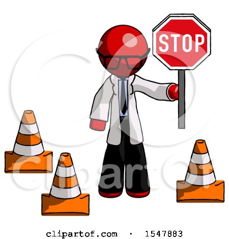 Red Doctor Scientist Man Holding Stop Sign by Traffic Cones Under Construction Concept by Leo Blanchette