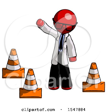 Red Doctor Scientist Man Standing by Traffic Cones Waving by Leo Blanchette