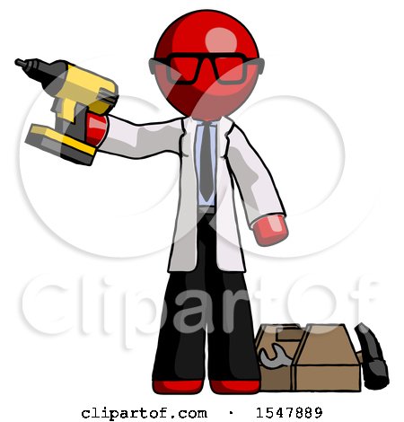 Red Doctor Scientist Man Holding Drill Ready to Work, Toolchest and Tools to Right by Leo Blanchette