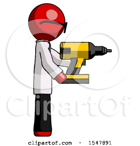 Red Doctor Scientist Man Using Drill Drilling Something on Right Side by Leo Blanchette