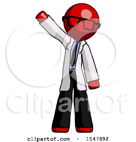 Red Doctor Scientist Man Waving Emphatically with Right Arm by Leo Blanchette