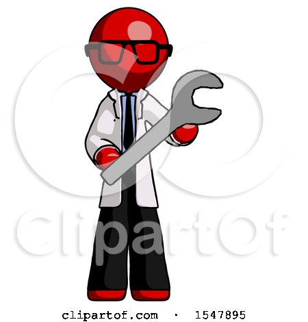 Red Doctor Scientist Man Holding Large Wrench with Both Hands by Leo Blanchette