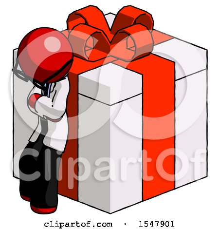 Red Doctor Scientist Man Leaning on Gift with Red Bow Angle View by Leo Blanchette
