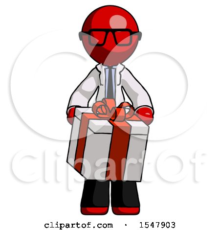 Red Doctor Scientist Man Gifting Present with Large Bow Front View by Leo Blanchette