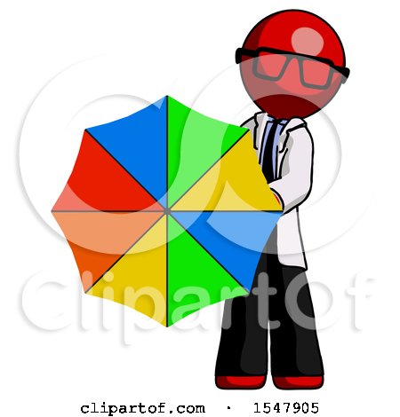 Red Doctor Scientist Man Holding Rainbow Umbrella out to Viewer by Leo Blanchette