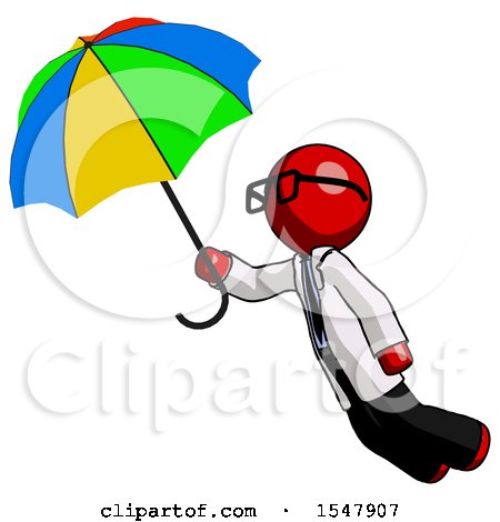 Red Doctor Scientist Man Flying with Rainbow Colored Umbrella by Leo Blanchette