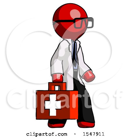 Red Doctor Scientist Man Walking with Medical Aid Briefcase to Right by Leo Blanchette