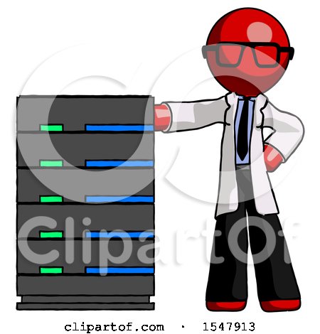 Red Doctor Scientist Man with Server Rack Leaning Confidently Against It by Leo Blanchette