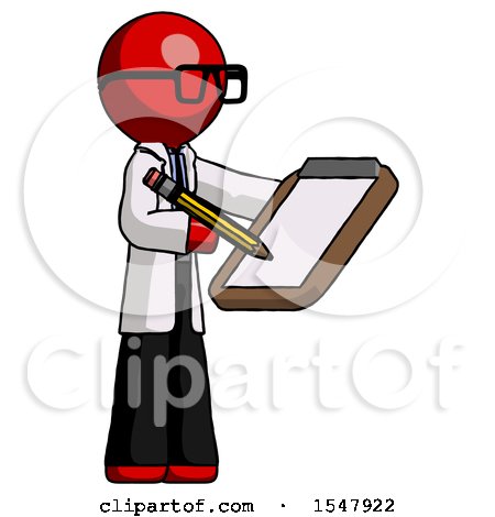 Red Doctor Scientist Man Using Clipboard and Pencil by Leo Blanchette