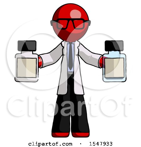 Red Doctor Scientist Man Holding Two Medicine Bottles by Leo Blanchette