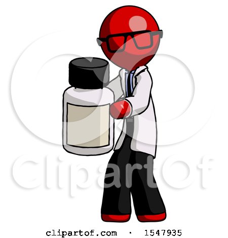 Red Doctor Scientist Man Holding White Medicine Bottle by Leo Blanchette