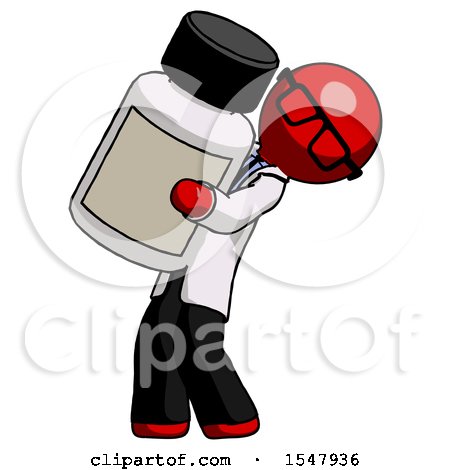 Red Doctor Scientist Man Holding Large White Medicine Bottle by Leo Blanchette